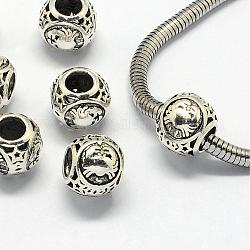 Metall Großlochperlen, großes Loch Rondell Perlen, mit Sternbild / Sternzeichen, Antik Silber Farbe, Krebs, 10.5x9 mm, Bohrung: 4.5 mm