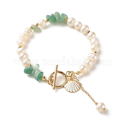 Natural Green Aventurine Chip Beaded Bracelet, Natural Pearl Bracelets for Women, with Shell Shape Charms, Golden, 7-5/8 inch(19.5cm)