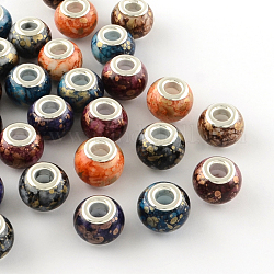 Perles européennes rondes en verre peint à gros trou, avec noyaux en laiton plaqué couleur argent, couleur mixte, 14~15x11~12mm, Trou: 5mm