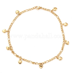 Bracelets de cheville en 304 acier inoxydable avec pendentif, avec des chaînes de figaro, cœur, or, 9-5/8 pouce (24.5 cm)