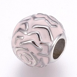 Perles européennes en 304 acier inoxydable, Perles avec un grand trou   , avec l'émail, Rondelle avec des fleurs, couleur inoxydable, rose brumeuse, 11x9.5mm, Trou: 4.5mm