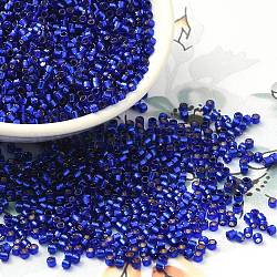 Perline semi di vetro, argento rivestito, cilindro, blu medio, 2x1.5mm, Foro: 1.4 mm, circa 5599pcs/50g