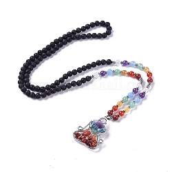 Natürliche Lavastein-Anhänger-Halsketten, mit Messing-Zubehör, Yoga / Chakra, 29.9 Zoll (76 cm), Perlen: 3~6.5 mm, Anhänger: 43x34x7~9 mm