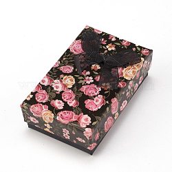 花柄ダンボールジュエリー包装箱  2スロット  リングイヤリング用  リボン蝶結びと黒いスポンジ付き  長方形  ブラック  8x5x2.6cm