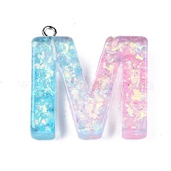Transparent Epoxy Resin Pendants, with Paillette and Platinum Tone Loops, Word, Letter.M, 29.5x29x7mm, Hole: 2mm