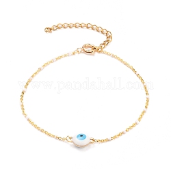 304 Edelstahl Emaille bösen Blick Link Armbänder, mit Perlenketten aus Messingemail und Federringverschlüssen aus Messing, golden, weiß, 7-1/2 Zoll (19 cm)