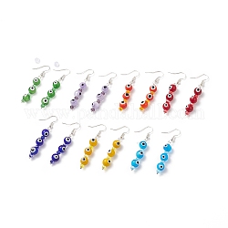 7 paires de boucles d'oreilles pendantes en perles de verre et œil maléfique au chalumeau de 7 couleurs, boucles d'oreilles longues en laiton pour femmes, couleur mixte, 56mm, pin: 0.5 mm, 1 paire / couleur
