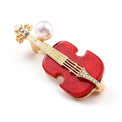 Broche de aleación de violín con perla de resina, exquisito pin de solapa de instrumentos musicales para niña mujer, dorado, rojo, 49x20x13mm, pin: 0.8 mm