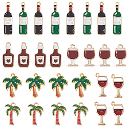 Sunnyclue 42pcs 7 styles pendentifs en alliage d'émail, verre de vin et bouteille et cocotier, couleur mixte, 17~31x8~15x1~2.5mm, Trou: 1~1.6mm, 6 pièces / style