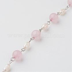 Chaînes faites à la main pour bracelets colliers faire, avec quartz rose, qualifiez une perle d'eau douce naturelle et 304 épingle à oeil en acier inoxydable, non soudée, 39.37 pouce (1 m)