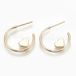 Brass Stud Earring Findings, Half Hoop Earrings, Heart, Nickel Free, Real 18K Gold Plated, 20x24x1.5mm, Pin: 0.7mm