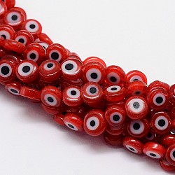 Hechos a mano del mal de ojo Lampwork plana redonda bolas de cuentas, rojo, 8x3.2mm, agujero: 1 mm, aproximamente 49 pcs / cadena, 14.56 pulgada