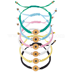 FIBLOOM 6Pcs 6 Colors Alloy Enamel Sunflower Link Bracelets Set, Polyester Cord Adjustable Bracelets for Women, Mixed Color, Inner Diameter: 2~3-1/2 inch(5.2~9cm), 1Pc/color