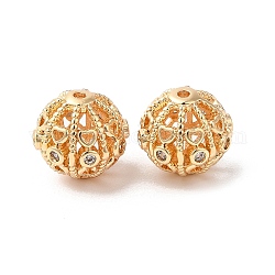 Hollow Brass Beads, with Cubic Zirconia, Round, Real 18K Gold Plated, 9x9mm, Hole: 1mm