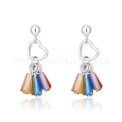 Heart Brass Stud Earrings, Dangle Earrings with Colorful Glass Pendant, Platinum, 28mm, Pin: 0.9mm