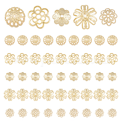 Dikosmetisch, 50 Stück, 5 Stile, 304 und 201, ausgefallene Perlenkappen aus Edelstahl, Blume, Multi-Blütenblatt, golden, 11~14.5x13~14x1.5~5 mm, Bohrung: 1~2.5 mm, 10pcs / style