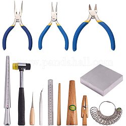 Pandahall elite 12 piezas herramientas para hacer joyas, martillo / yunque / abrazadera de anillo / regla / palo / calibrador / punzones / pinzas / alicates de corte lateral / alicates de punta para hacer joyas