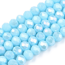 Chapelets de perles en verre électroplaqué, couleur unie opaque, de couleur plaquée ab , facette, rondelle, lumière bleu ciel, 6x5mm, Trou: 1mm, Environ 85~88 pcs/chapelet, 16.1~16.5 pouce (41~42 cm)