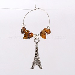 Natural Gemstone Wine Glass Charms, with Tibetan Style Alloy Eiffel Tower Pendant, Iron Beads and Brass Hoop Earrings, Platinum, Tiger Eye, 58mm, pin: 0.7mm