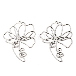 201 Stainless Steel Pendants, Laser Cut, Flower Charm, Stainless Steel Color, 44x34x1mm, Hole: 1.8mm