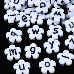 Opake Legierung Perlen, Blume mit Alphabet, weiß, Buchstabe a ~ z, 11x11x4 mm, Bohrung: 1.8 mm