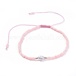 Verstellbarer Nylonfaden geflochtene Perlen Armbänder, mit Glasperlen und sorte a natürliche Süßwasserperlen, rosa, 2-1/8 Zoll (5.3 cm)