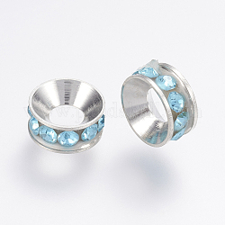 Latón entrepieza de abalorios, con el grado de un diamante de imitación, rerondana plana, Platino, zafiro luz, 13x4.5mm, agujero: 6.5 mm
