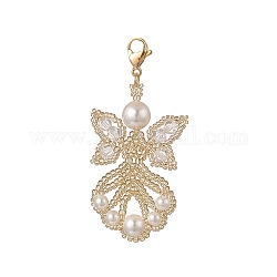 Angel Glass Pendants Decorations, with Seed Beads, Shell Pearl and 304 Stainless Steel Lobster Claw Clasps, Gold, 55x25x7.5mm
