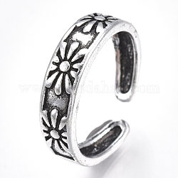 Сплав манжеты кольца пальцев, широкая полоса кольца, цветок, античное серебро, Размер 5, 16 мм