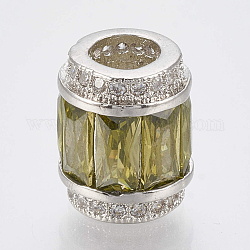 Perles européennes en laiton avec zircone cubique de micro pave, Perles avec un grand trou   , baril, platine, kaki foncé, 11.5x9.5mm, Trou: 5mm