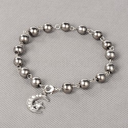 Trendy Alloy Rhinestone Moon & Star Charm Anklets, with Electroplate Glass Beads and Brass Lobster Claw Clasps, Platinum, Gray, 240mm