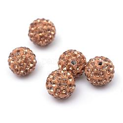 Perles en strass pavé d'argile polymère, perles de boule de disco, lt.col.topaz, pp15 (2.1~2.2mm), 6 rangs de strass, 12mm, Trou: 1.5mm