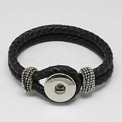 Cuir noir pression fabrication de bracelets pour les boutons de breloque mousquetons, avec snap en laiton et les accessoires en alliage, platine, 230x19mm