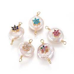 Conectores de eslabones de perlas naturales, con los fornituras de óxido de circonio y metal cúbicos, plano y redondo con flor, dorado, color mezclado, 19~23x10~12x6~9mm, agujero: 1.6 mm