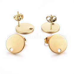Ion Plating(IP) 304 Stainless Steel Stud Earring Findings, with Loop and Flat Plate, Flat Round, Golden, 12x1mm, Hole: 1.4mm