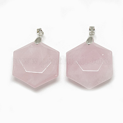 Ciondoli quazo rosa naturale, con accessori di ottone, esagono, platino, 28x25x9.5mm, Foro: 4 mm