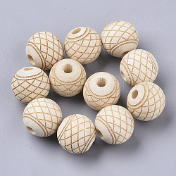 Unfinished Natural Wood European Beads, Large Hole Beads, Lead Free, Laser Engraved Pattern, Round with Flower Grid Pattern, Moccasin, 15.5x14.5mm, Hole: 4mm