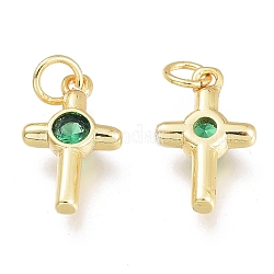 Messing Micro Pave Zirkonia kleine Kreuz Charms, mit Ringe springen, golden, grün, 12.5x7.5x2.5 mm, Bohrung: 1.5 mm, Ringe springen: 3.5x0.8 mm