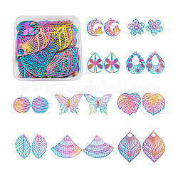 Fashewelry 201 Stainless Steel Filigree Pendants, Etched Metal Embellishments, Mixed Shapes, Rainbow Color, 40pcs/box