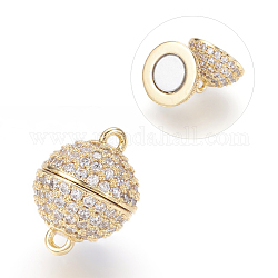 Brass Micro Pave Cubic Zirconia Magnetic Clasps with Loops, N50 Grade Strong Magnet, Long-Lasting Plated, Real 18K Gold Plated, Cadmium Free & Nickel Free & Lead Free, Round, 14x10mm, Hole: 1mm
