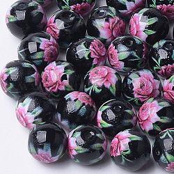 Perles de verre imprimées et peintes au pistolet, ronde avec motif de fleurs, noir, 10~10.5x9.5mm, Trou: 1.6mm