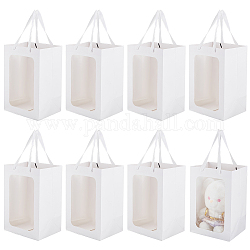 Sacs-cadeaux en papier rectangle, avec fenêtre visible en plastique et poignées en polyester, blanc, déplier: 30x20x16cm