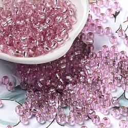 Abalorios de la semilla de cristal, plata forrada, agujero redondo, redondo, rosa, 4x3mm, agujero: 1.2 mm, 6429 unidades / libra