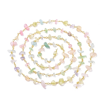 Chaînes de perles de verre craquelé faites à la main de 3.28 pied, non soudée, Accessoires en laiton, teinte, pépites, colorées, or, 12~13x4~10mm
