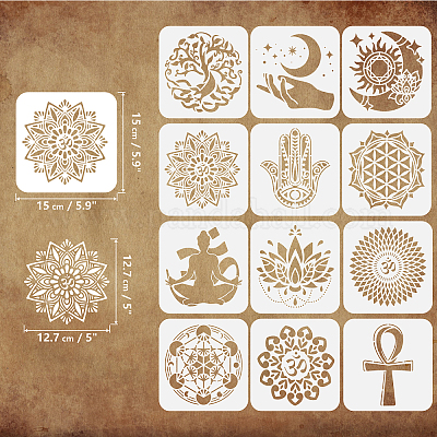 Wholesale FINGERINSPIRE 12 Pcs Sacred Geometry Stencil 5.9x5.9 inch Mandala  Themed Stencil Plastic Yoga Lotus Flowers Tree of Life Hamsa Hand Sun Moon  Pattern Stencil Reusable Stencil for Home Wall Floor Decor 