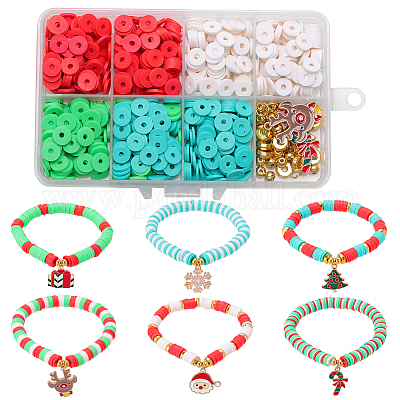 Kit De Perles Polymères Noël - 250 Perles Plates 10mm, 5 Modèles - Pour Bracelets DIY - 9