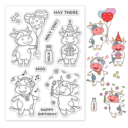 GLOBLELAND Happy Birthday Theme Clear Stamps Cartoon Cows Silicone Clear Stamp Seals for Cards Making DIY Scrapbooking Photo Journal Album Decor Craft DIY-WH0167-56-618-1