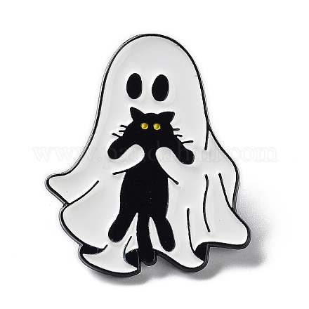 Ghost with Black Cat 合金エナメルブローチ  ハロウィンピン  ホワイト  30.5x26x1.5mm JEWB-E034-02EB-03-1