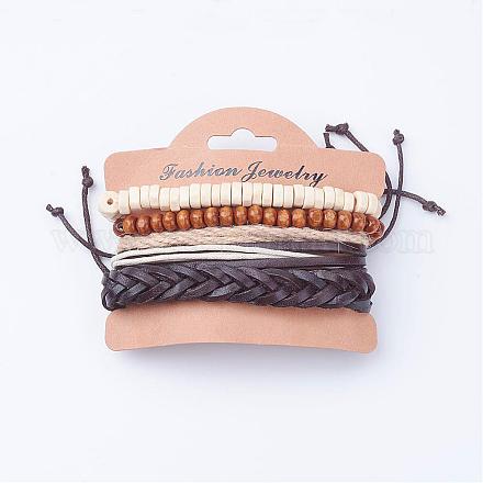 Einstellbar geflochtenes Lederband aus Holz Perlen Multi-Strang-Armbänder BJEW-P0001-14-1