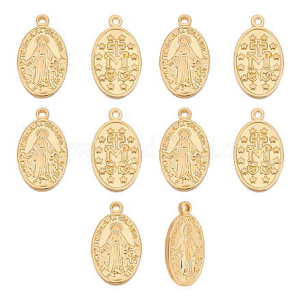 UNICRAFTALE 10pcs 20mm Long Real 18K Gold Plated Oval with Mary Pendant Flat Oval Guadalupe Charm Medal Charms Metal Maria End Drop Charm Connector for Jewelry Making KK-UN0001-38-1